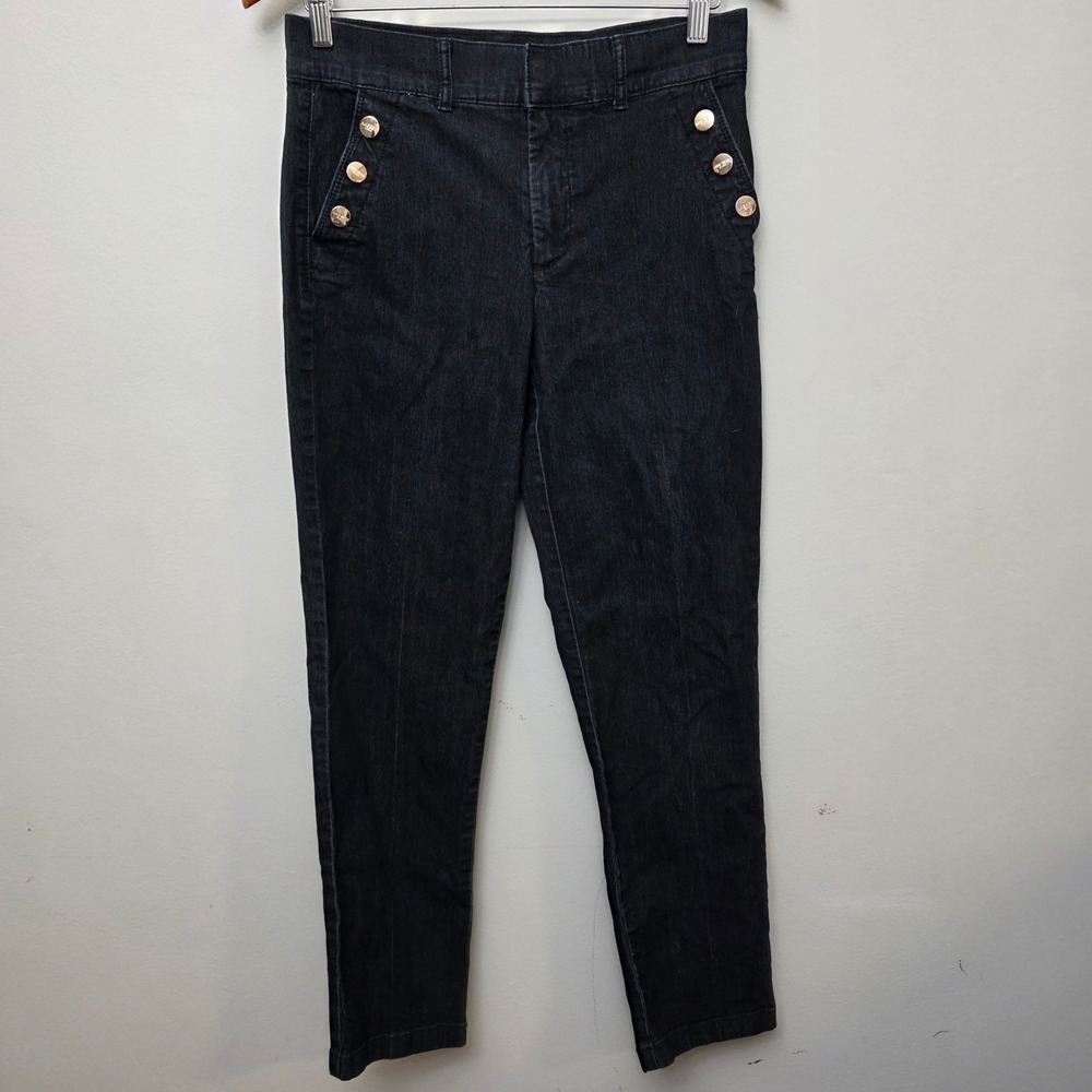Nine West Jeans Trouser Women 6 Dark Wash Sailor Gold Button Slim Nautical